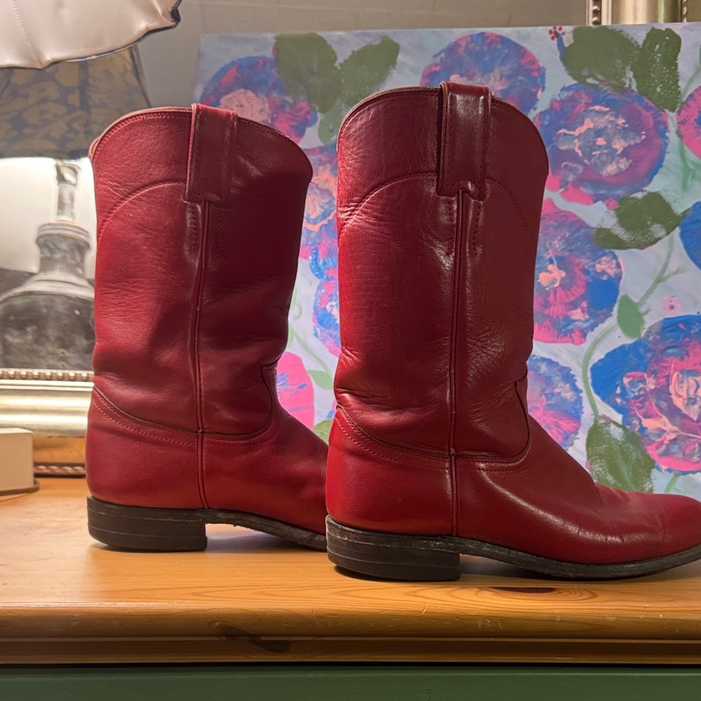 Justin Boots Red Leather Women's Cowboy Boots - Picture 3 of 6